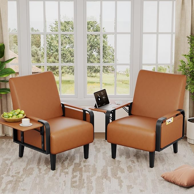 Andeworld Modern Brown Accent Chair Set of 2, PU Leather Upholstered Armchair - Image 7