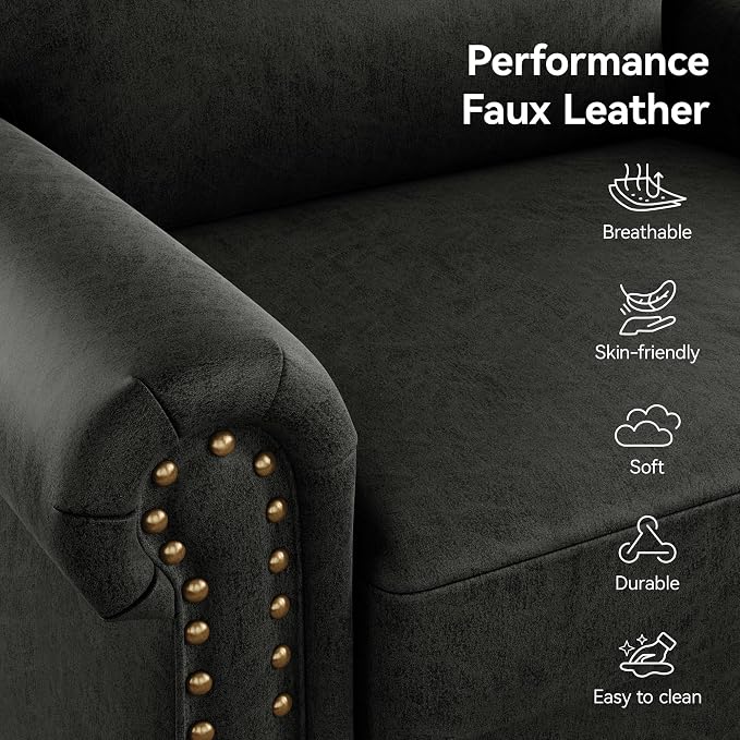 Nailhead Trim Accent Chairs Set of 2, Faux Leahter Mid Century Modern Living - Image 5