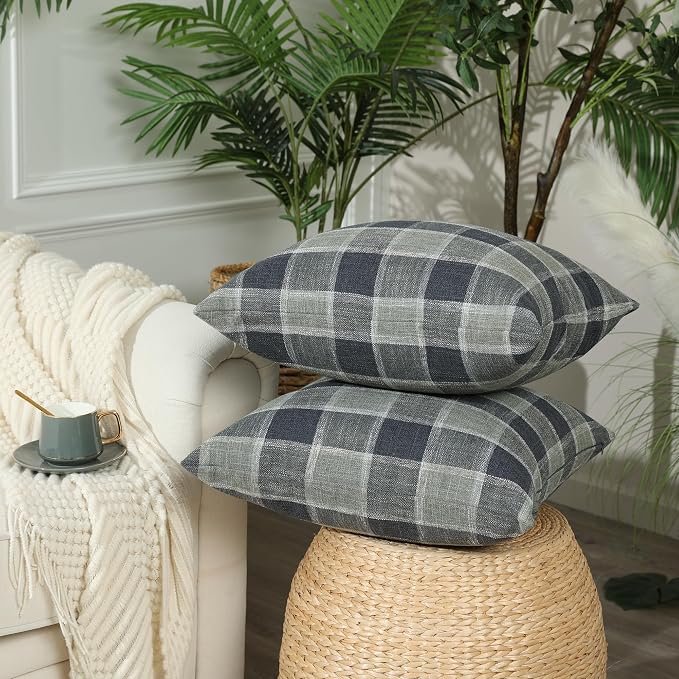 Stellhome Pack of 2 Linen Buffalo Check Throw Pillow Covers, Farmhouse Plaid - Image 2