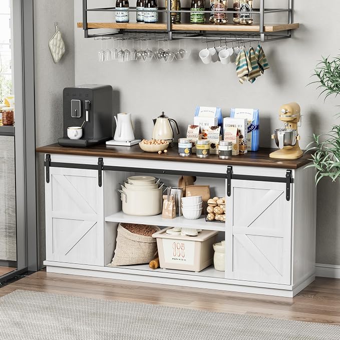 Shahoo Farmhouse Sideboard Buffet Cabinet, Coffee Bar Storage - Image 3
