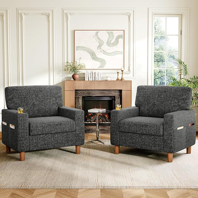 Mid Century Modern Accent Chairs Set of 2, Chenille Comfy Living Room Arm Chairs by ErdoruLiving