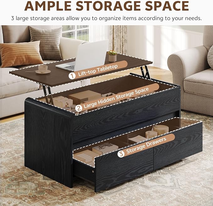 Coffee Table Lift Top with 2 Drawers, 40 Inch Multi-Function Coffee Table with - Image 4