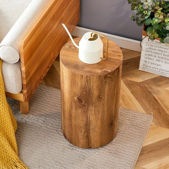 12'' Boho Cylinder Side Table for Living Room, Natural Wood Accent Tables - Image 3