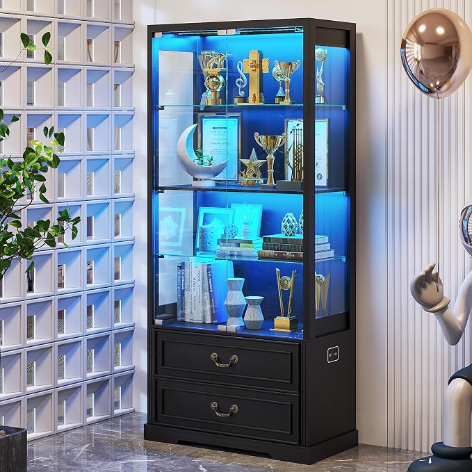 FREDEES Display Cabinet with Glass Doors, Tall Bookcase with 3 Color Lights and by FREDEES