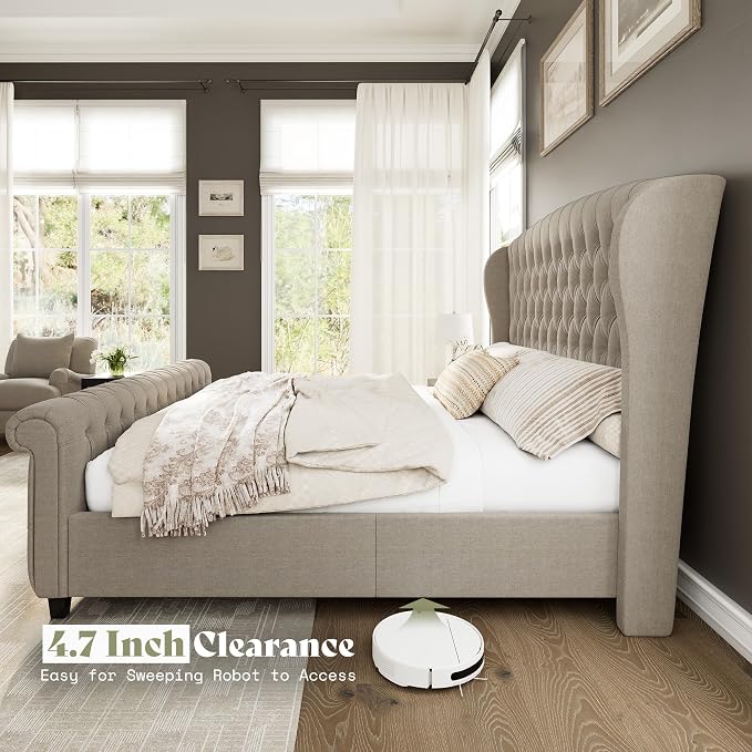 AMERLIFE California King Size Platform Bed Frame, Linen Upholstered Sleigh Bed - Image 6