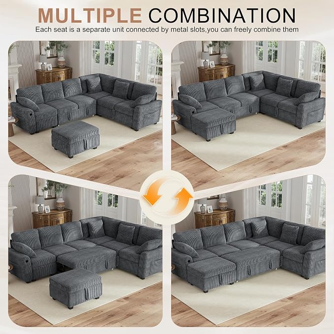 Hanherry Sectional Couch with Pull Out Sofa Bed, Corduroy Sleeper Sofa with - Image 7