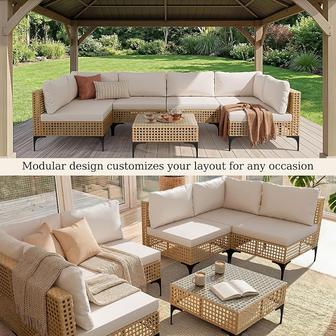 Devoko Patio Furniture Set, 7 Pieces Outdoor Wicker Sectional Couch - Image 4