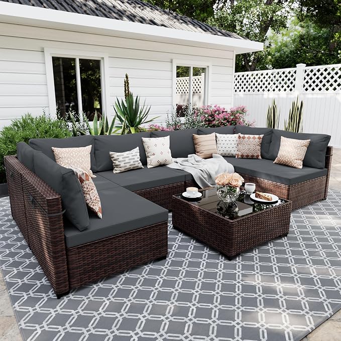 UPHA 7 Pieces Patio Furniture Sets, Wicker Outdoor Sectional Sofa Couch by UPHA