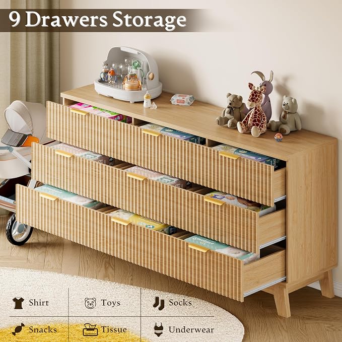 BORNOON 63" Long Dresser for Bedroom, 9-Drawer Fluted Dresser, Extra-Wide Wood - Image 6