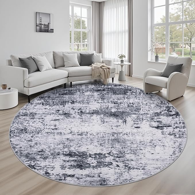 Round Area Rug for Living Room: 6 ft Washable Modern Abstract Soft Thin Rug by FXRHLP