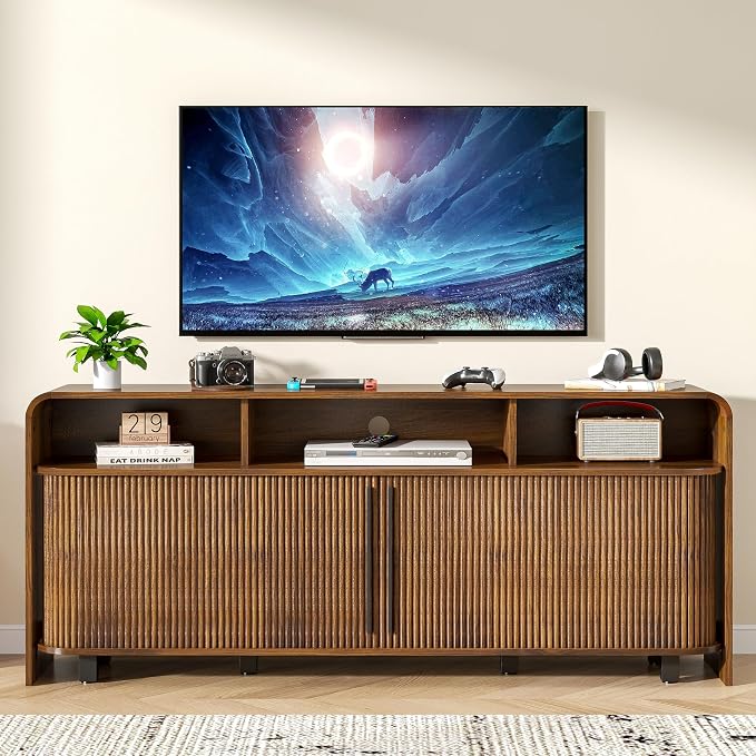 Walnut TV Stand for 65 70 75 Inch TV, Fluted Mid Century Modern TV Console - Image 2