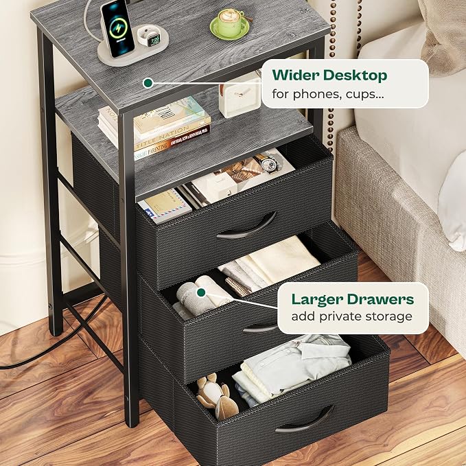 Huuger Night Stand with Charger Station and LED Lights, 3 Drawer Nightstand - Image 7