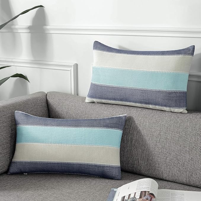 AmHoo Pack of 2 Farmhouse Stripe Check Throw Pillow Covers Set Case Cotton by AmHootextile