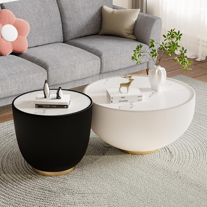 Round Marble Coffee Table Set of 2, 2 Piece Coffee Table and End Table by Henf