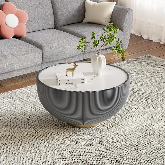 Round Marble Coffee Table 27.56" Bucket Shaped Fluted Coffee Table - Image 3
