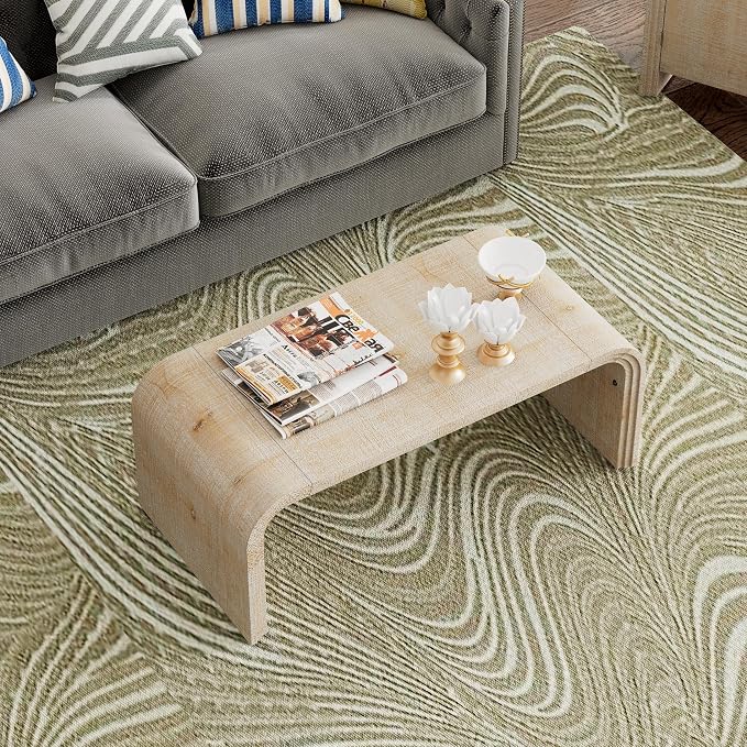 Minimalist Coffee Table with Curved Art Deco Design, Wood Rectangle Center Table - Image 2