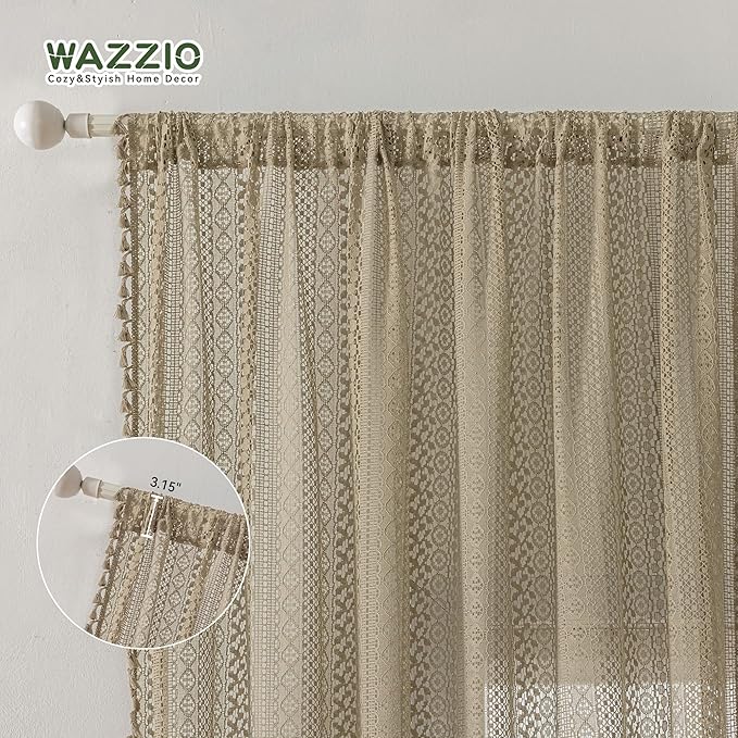 WAZZIO Boho Lace Curtains 84 Inches 2 Panel, Light Filtering Privacy Tassel & - Image 6