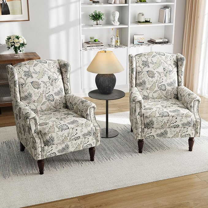 Pia Ricco Set of 2 Floral Accent Chairs, High Back Upholstered Armchairs - Image 8