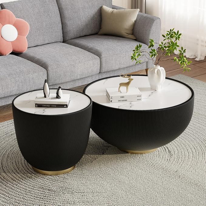 Round Marble Coffee Table Set of 2, 2 Piece Coffee Table and End Table by Henf