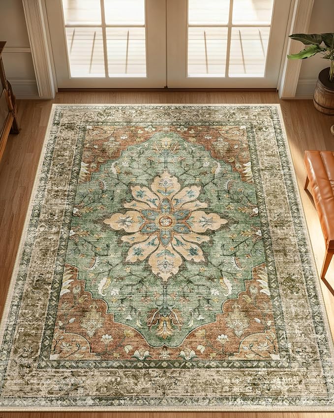 RELEANY Area Rugs 3'x4' Washable Non-Slip, Floral Vintage Distress Print by RELEANY