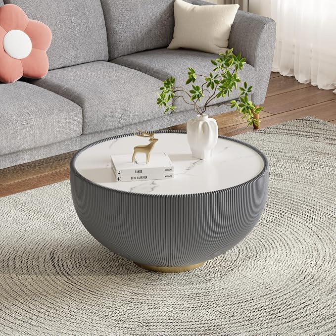 SSLine Bowl-Shape Coffee Table Modern Sintered Stone Top Coffee Table in Grey - Image 3