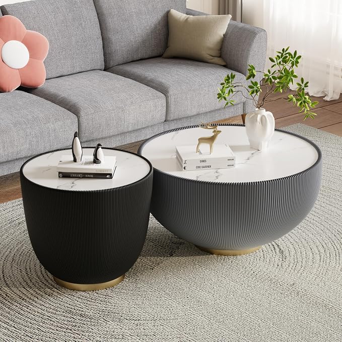 SSLine Bowl-Shape Coffee Table Set of 2 Modern Sintered Stone Top Nesting by SSLine