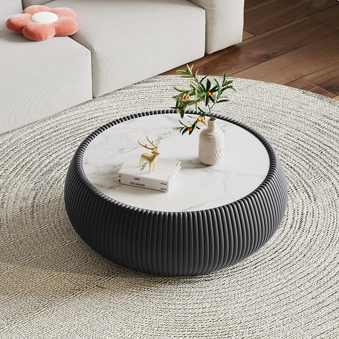 27.55" Round Marble Coffee Table, Modern Fluted Coffee Table - Image 3