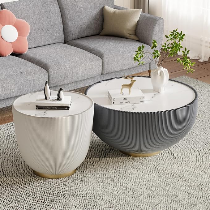 SSLine Bowl-Shape Coffee Table Set of 2 Modern Sintered Stone Top Nesting by SSLine