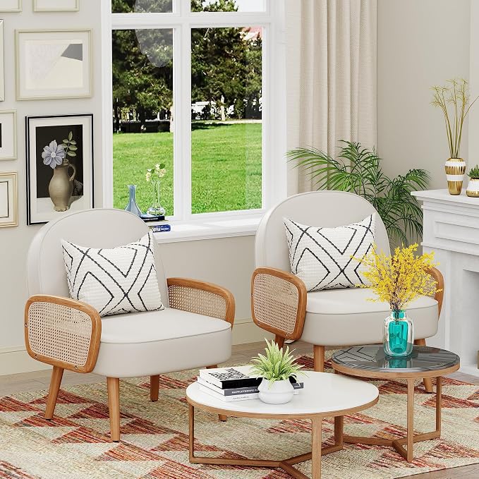 Aklaus Mid Century Modern Accent Chairs Set of 2 Upholstered Rattan Faux - Image 6