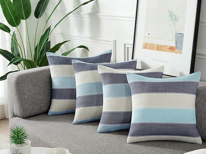 AmHoo Pack of 2 Farmhouse Stripe Check Throw Pillow Covers Set Case Cotton - Image 3