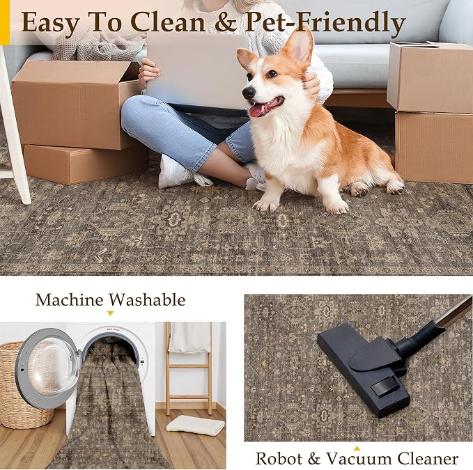9x12 Washable Area Rug for Living Room Bedroom Vintage Brown Non Slip Carpet - Image 6