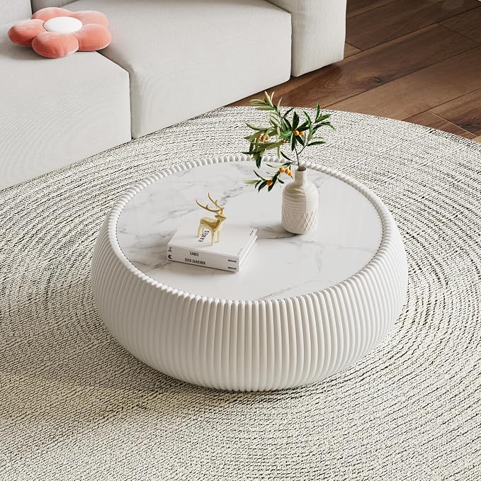 SSLine Round Drum Coffee Table Modern Sintered Stone Top Coffee Table in Cream - Image 3