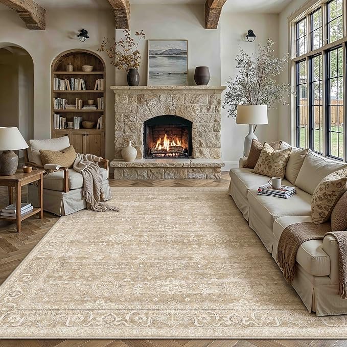 9x12 Washable Area Rug for Living Room Bedroom Vintage Beige Non Slip Carpet by WondRg