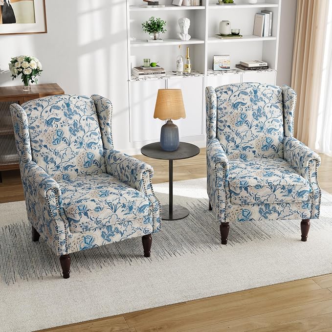 Pia Ricco Set of 2 Floral Accent Chairs, High Back Upholstered Armchairs - Image 8