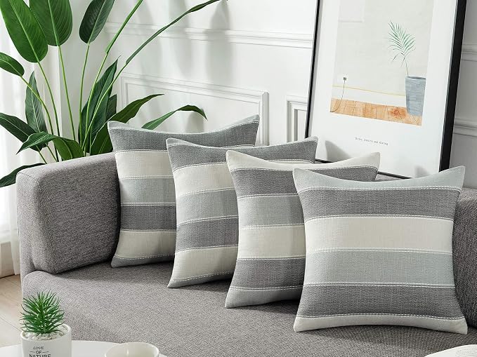 AmHoo Pack of 2 Farmhouse Stripe Check Throw Pillow Covers Set Case Cotton - Image 2