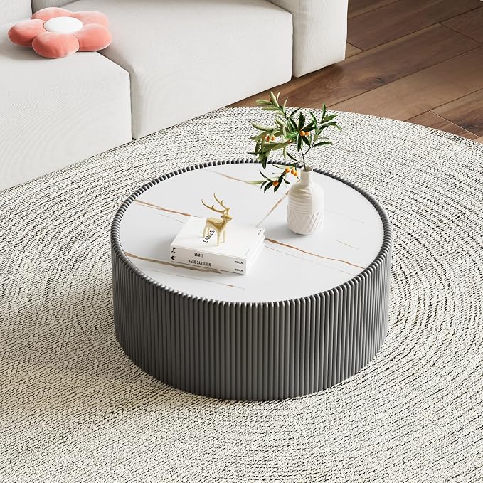 SSLine Round Drum Coffee Table Set of 2 Modern Sintered Stone Top Nesting - Image 7