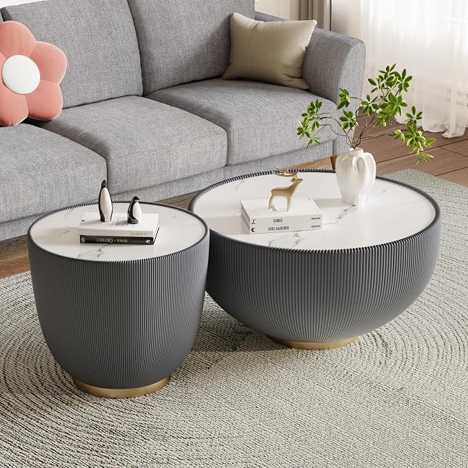 Round Marble Coffee Table Set of 2, 2 Piece White Coffee Table and End Table - Image 3