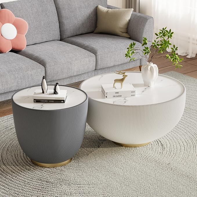 SSLine Bowl-Shape Coffee Table Set of 2 Modern Sintered Stone Top Nesting by SSLine