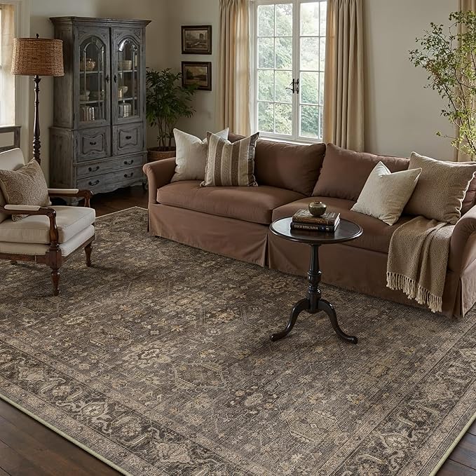 12x15 Washable Area Rug for Living Room Bedroom Vintage Brown Non Slip Carpet - Image 4