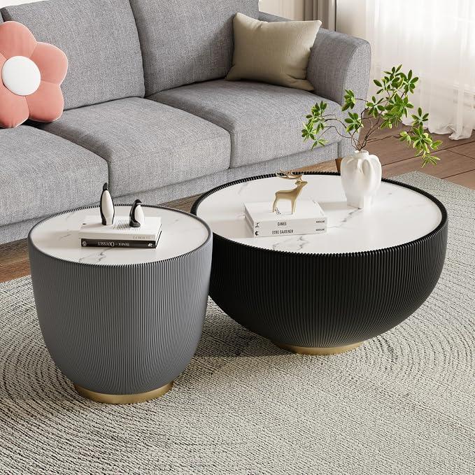 SSLine Bowl-Shape Coffee Table Set of 2 Modern Sintered Stone Top Nesting by SSLine