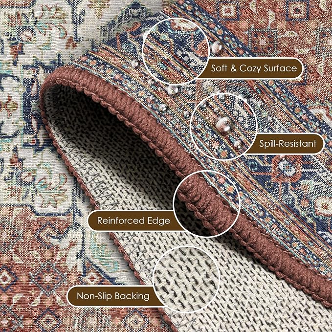 Washable Area Rug 2'6'' x 8' Vintage Traditional Persian Mat - Image 6