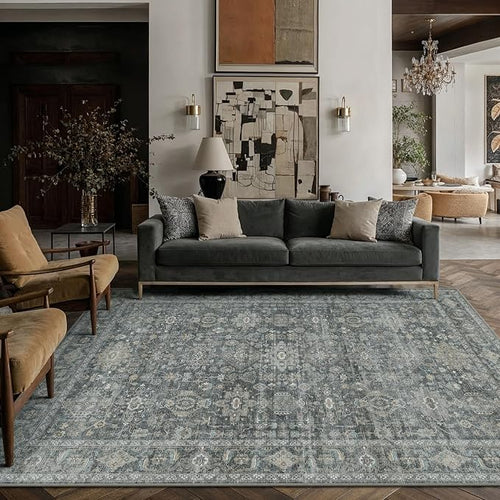 5x7 Washable Area Rug for Living Room Bedroom Vintage Black Grey Soft Low Pile by WondRg