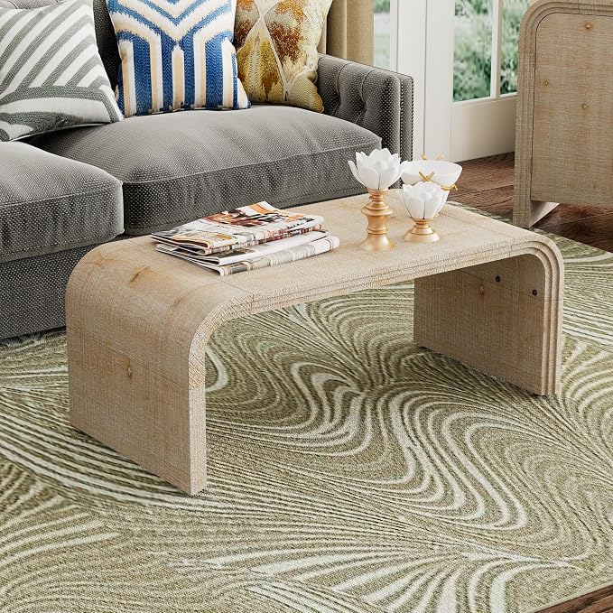Minimalist Coffee Table with Curved Art Deco Design, Wood Rectangle Center Table - Image 3