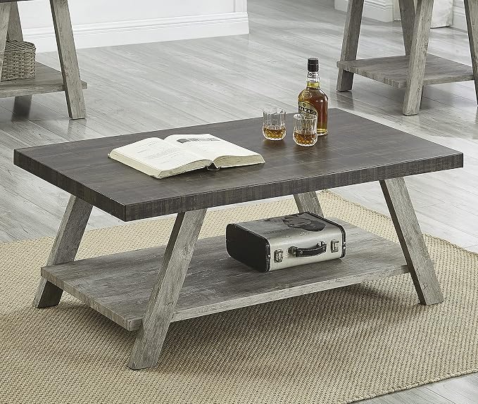 Contemporary Two-Tone Wood Shelf Coffee Table, 48 in Weathered Walnut and Gray - Image 4