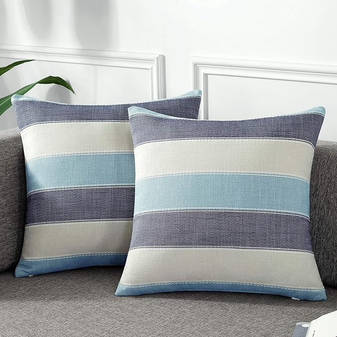 AmHoo Pack of 2 Farmhouse Stripe Check Throw Pillow Covers Set Case Cotton by AmHootextile