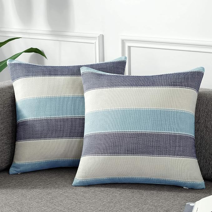 AmHoo Pack of 2 Farmhouse Stripe Check Throw Pillow Covers Set Case Cotton by AmHootextile