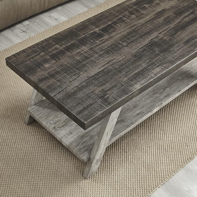Contemporary Two-Tone Wood Shelf Coffee Table, 48 in Weathered Walnut and Gray - Image 3