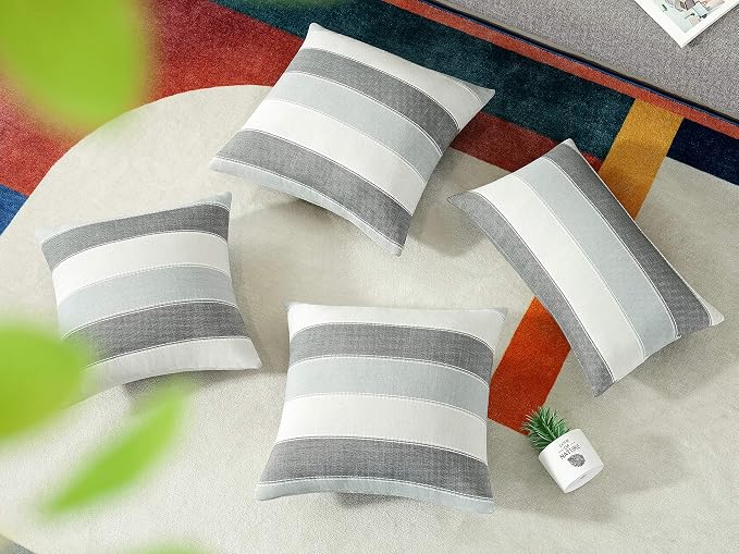 AmHoo Pack of 2 Farmhouse Stripe Check Throw Pillow Covers Set Case Cotton - Image 4